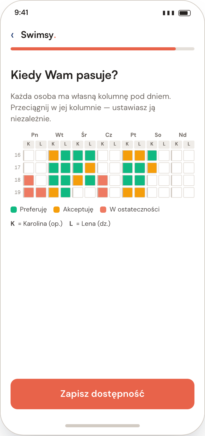 Ekran aplikacji: kalendarz dostępności w trzech poziomach