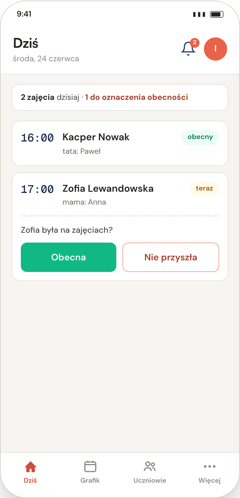 Ekran aplikacji: lista dzisiejszych zajęć