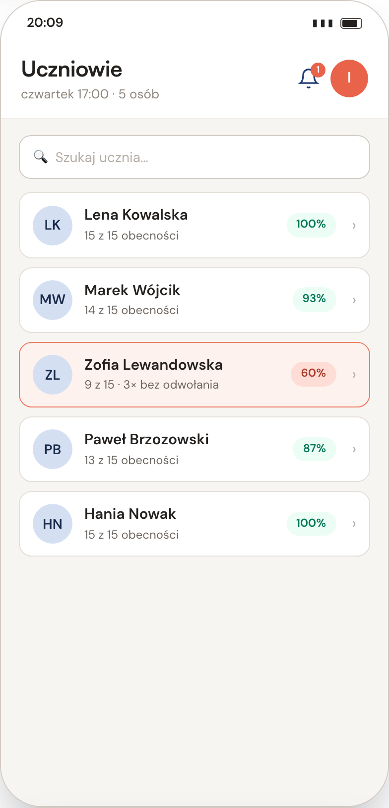 Ekran aplikacji: frekwencja uczniów w sezonie