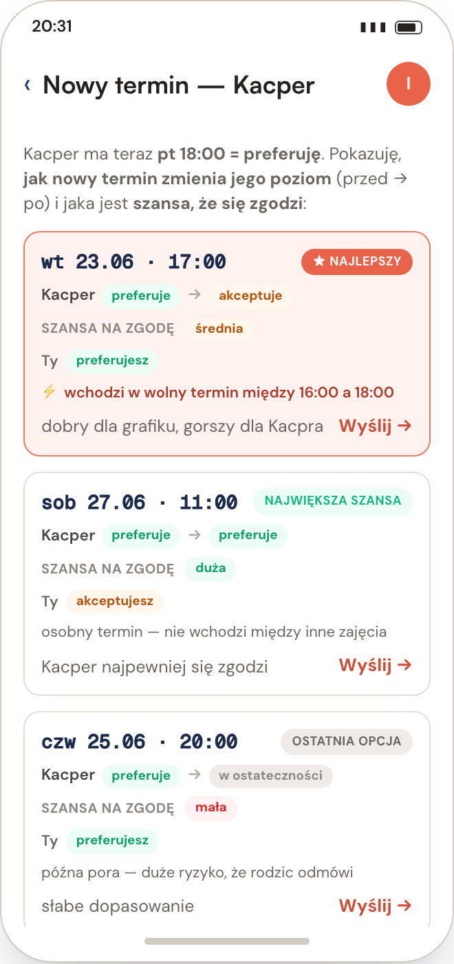 Ekran aplikacji: przekładanie zajęć z dopasowaniem terminu