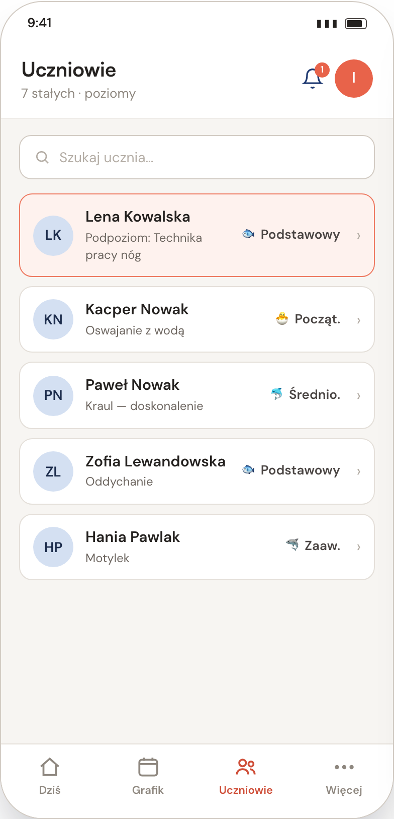 Ekran aplikacji: poziomy i postępy uczniów