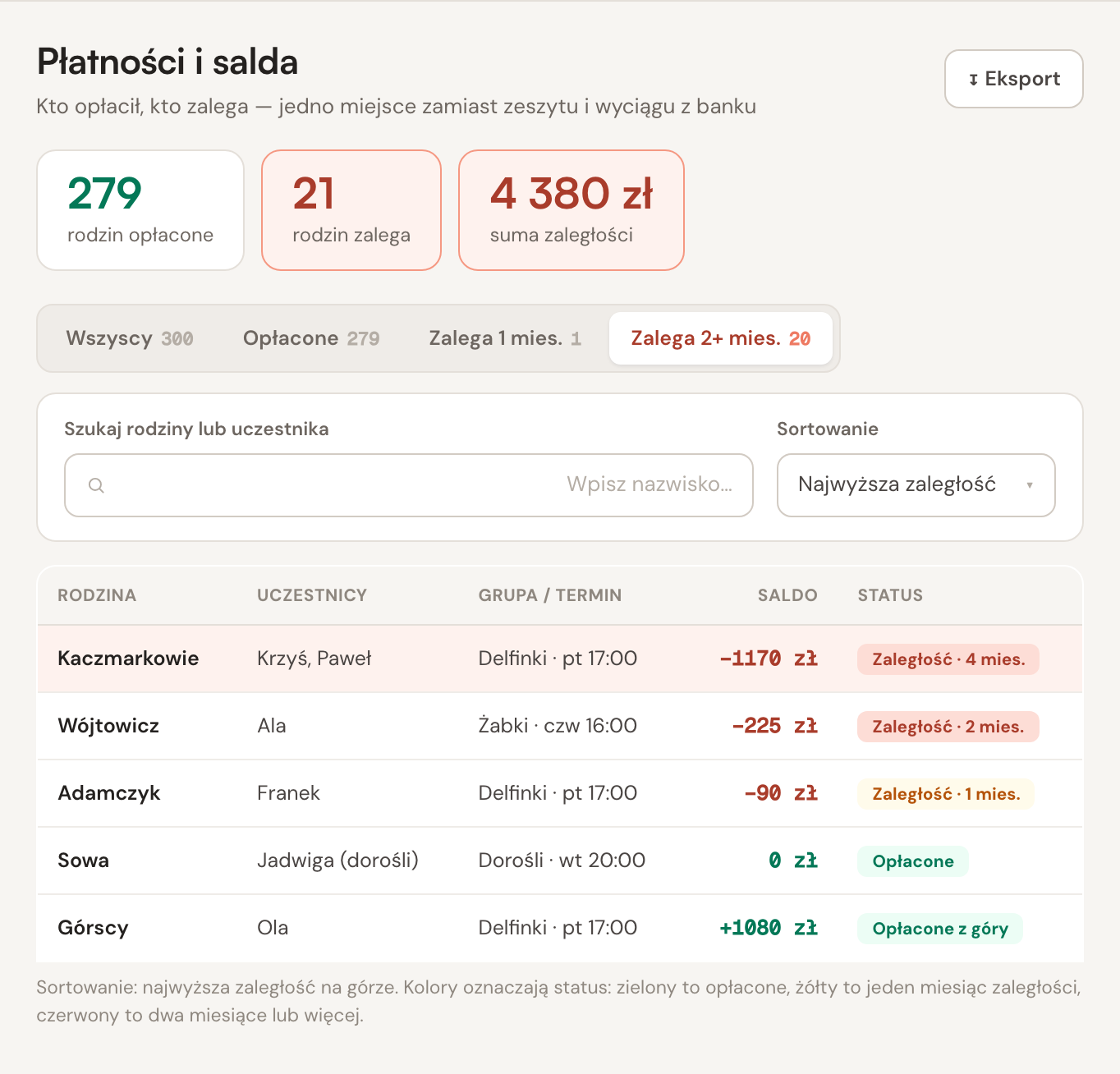 Ekran aplikacji: Płatności i salda