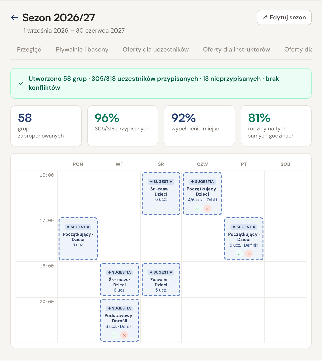 Ekran aplikacji: Planowanie sezonu i grafik